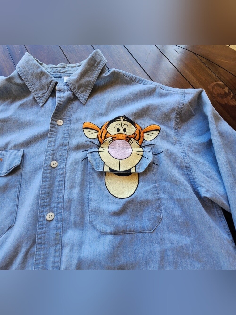 disney × vintage vintage disney tigger embroidered denim button up shirt - Picture 2 of 8
